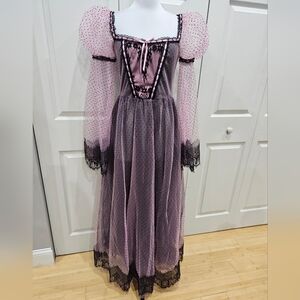 Dolls Kill Sugar Thrillz Melancholy Cotillion Dot Pink Black Lace Maxi Dress S